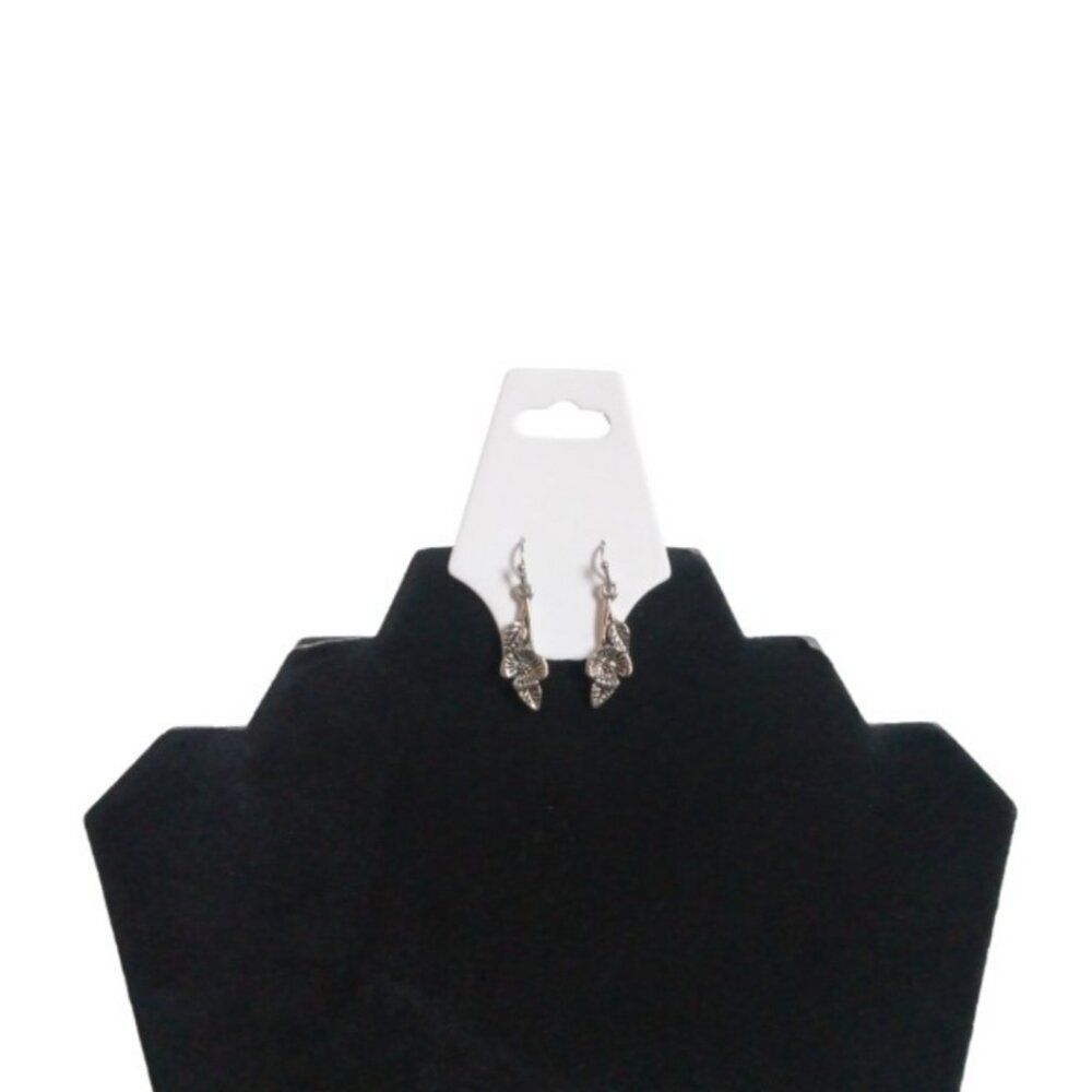 Sterling Silver Leaf & Flower Lightweight Metal Dangle Drop Cottagecore Earrings